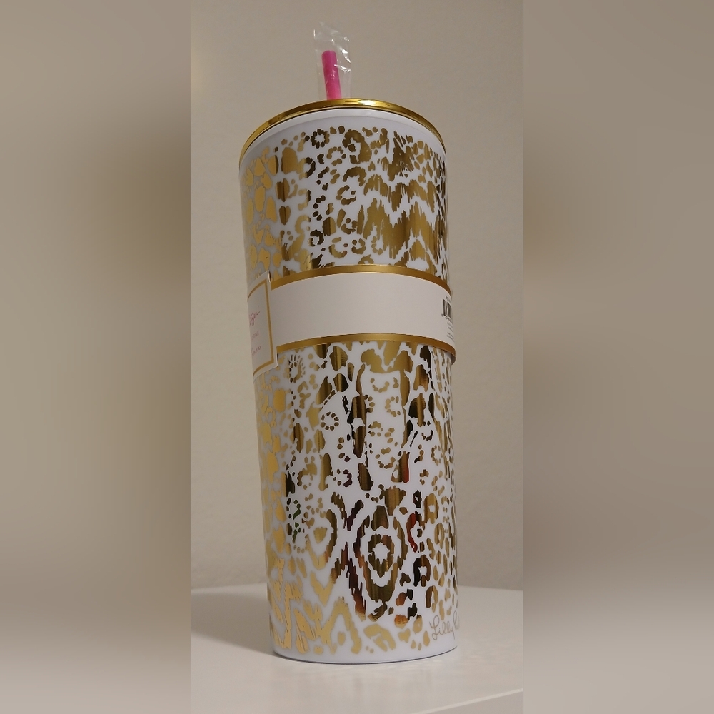 NWT Lilly Pulitzer Gold Leopard Tumbler‎ With Straw - Picture 7 of 10